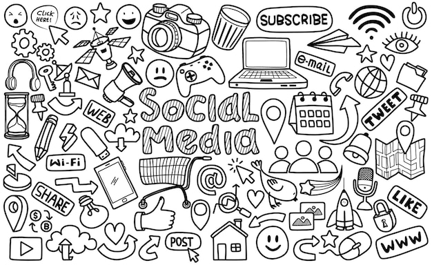 Handgezeichneter Satz von Social-Media-Zeichen und Symbol-Droodles-Elementen Isoliert auf weißem Hintergrund