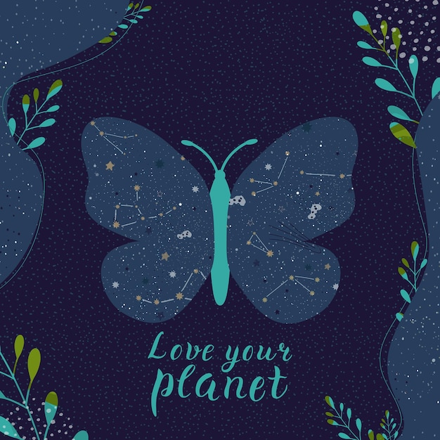 Handgezeichneter schmetterling im stil eines zeichentrickfilms mit sternenhimmel und text love your planet earth day