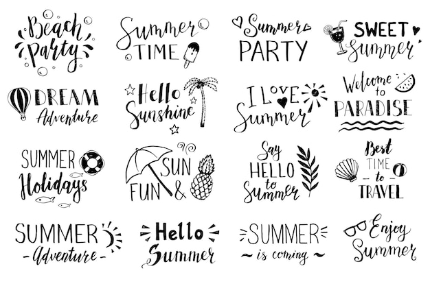 Handgezeichneter schriftzug: hallo sommer, strandparty, sommerferien, traumabenteuer, süßer sommer, sommerzeit usw. vektorillustration für symbol, partybanner, sommeretikettendesign.