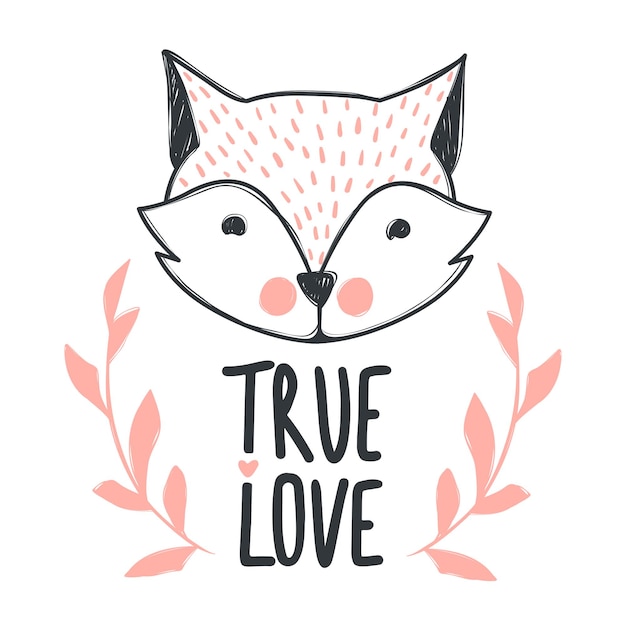 Handgezeichneter schriftzug wahre liebe und süßer fuchs. handgezeichnete illustrationen für poster, grußkarten, t-shirts und drucke. cartoon-design.