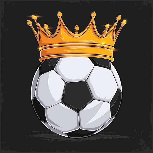 Handgezeichneter schwarz-weißer Sportfußball mit glänzender goldener königlicher Krone Fußball mit Krone