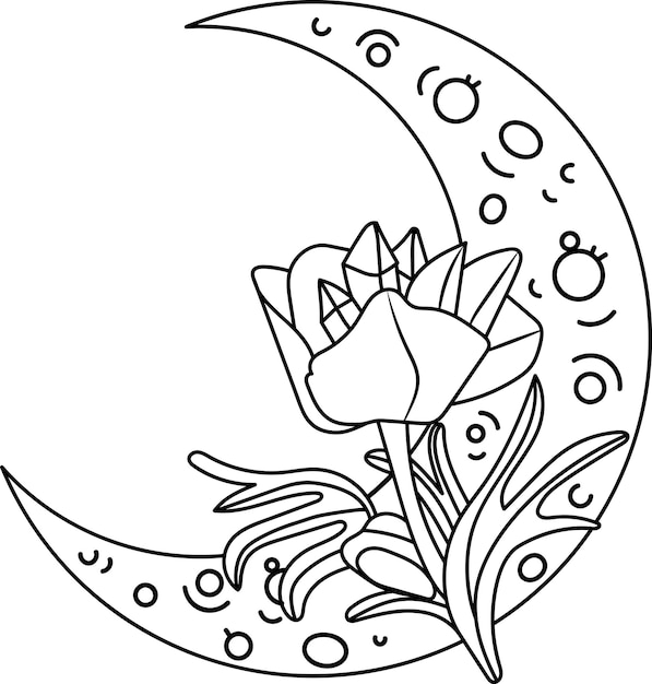 Handgezeichneter schwarzer umriss halbmond mit anemonenblumenillustration. astrologie-vektor-clipart