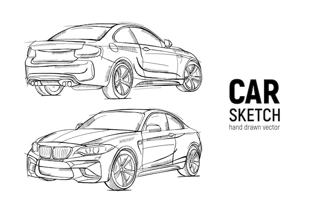 Vektor handgezeichneter skizzenauto-vektorsatz dreiviertelansicht und halbdrehungsansicht limousinenauto bleistiftdesign