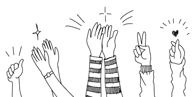 Handgezeichneter skizzenstil von applaus daumen nach oben geste menschliche hände klatschen ovationen auf vektorgrafiken im doodle-stil