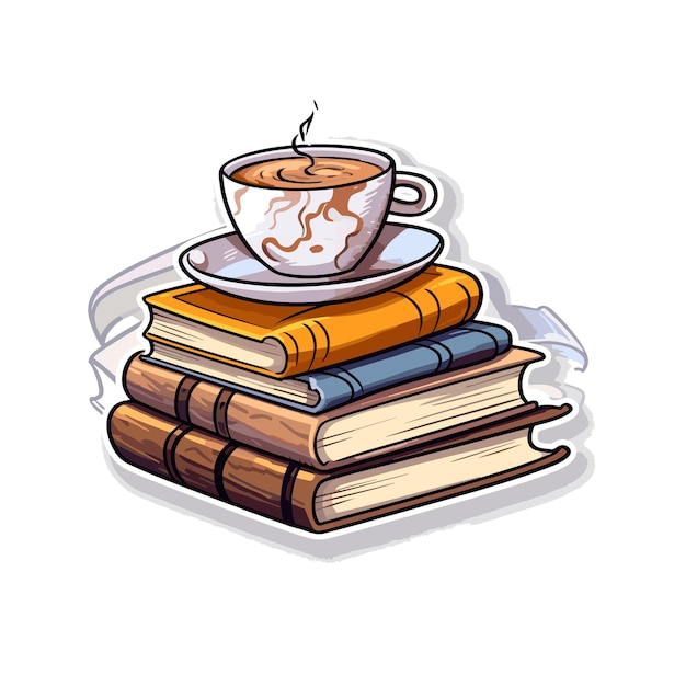 Vektor handgezeichneter stapel bücher und eine tasse kaffee für den weltbuchtag stapel bücher mit einer tasse tee