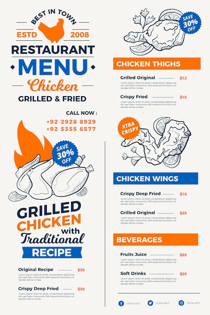 Handgezeichneter Stil des digitalen Restaurantmenüs