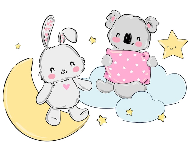 Vektor handgezeichneter süßer koala und hase auf dem mond druckdesign für babypyjama-textilien vektorillustra