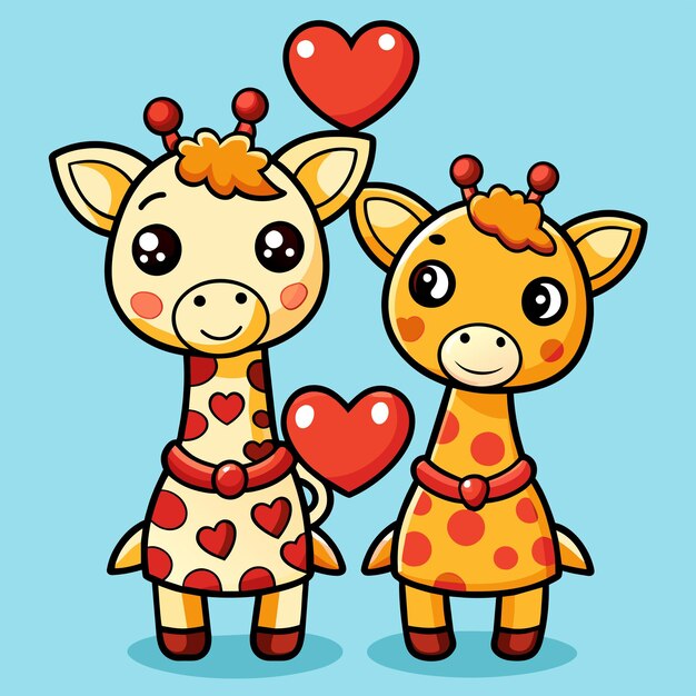 Handgezeichneter valentinstag giraffe tierpaar zeichentrickfigur aufkleber ikonen konzept isoliert