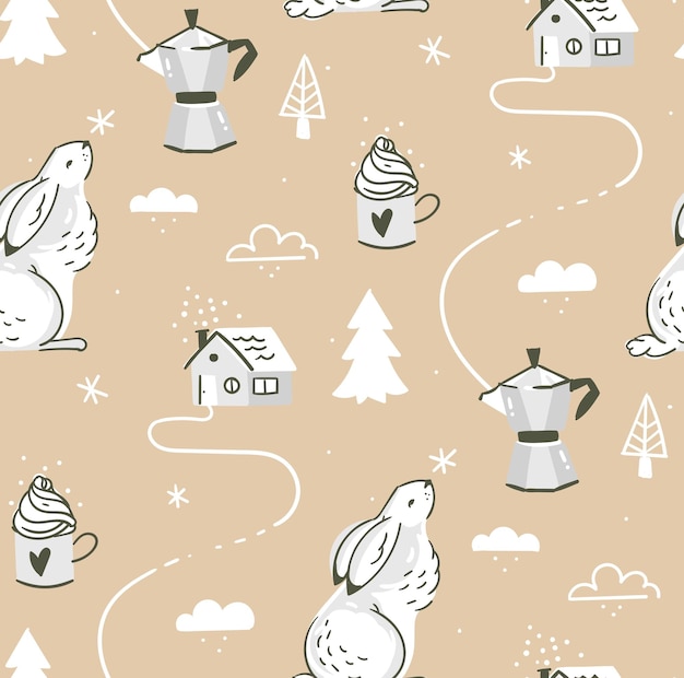 Handgezeichneter vektor abstrakte cartoon-skandinavische weihnachtslandschaft im freien nahtloses muster mit kaninchenkaffeetasseweihnachtsbaumhäusern und schneeflocken isoliert auf bastelpapierhintergrund