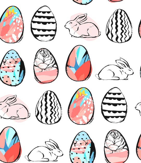 Handgezeichneter vektor abstrakte kreative universelle frohe ostern nahtloses musterdesign mit ostereiern und hasen in pastellfarben isoliert auf weißem hintergrundfrühling ungewöhnliche grafische dekoration