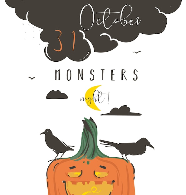 Handgezeichneter vektor abstrakter cartoon happy halloween-illustrationsposter mit ravenspumpkinmoon und moderner kalligrafie phase 31. oktober monsternacht isoliert auf weißem hintergrund