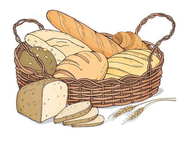 Handgezeichneter Weidenkorb mit verschiedenen Brotsorten