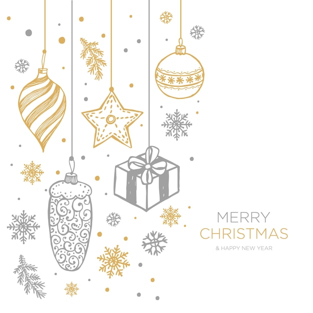 Handgezeichneter Weihnachtspelzbaum mit Kugeln, Spielzeug und Tannenzapfen, für Weihnachtsdesign in Gold und Silber. Vektorillustration auf weißem Hintergrund.