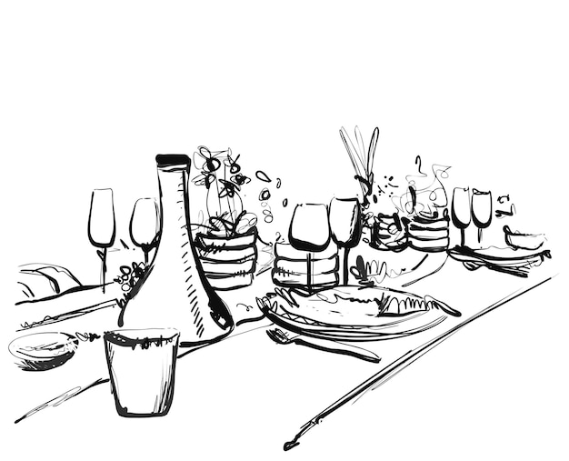 Handgezeichnetes abendessengeschirr romantische speisen- und getränkeskizze