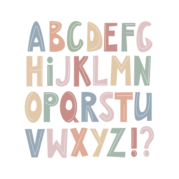 Handgezeichnetes alphabet in pastellfarben. vektorillustration