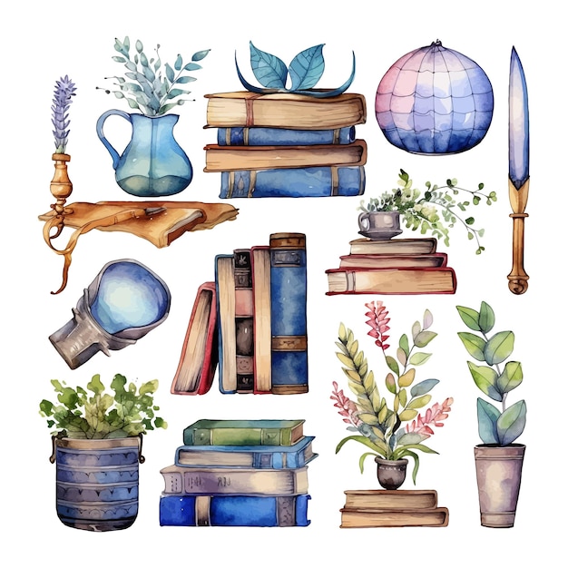 Vektor handgezeichnetes aquarell-clipart-set zum welttag des buches. büchersammlung der bibliothek