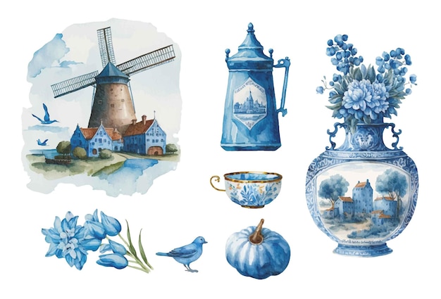 Handgezeichnetes Aquarell-Set aus niederländischen blauen Vasen, Blumen, Landschaften, Ornamenten, Wasserkochern