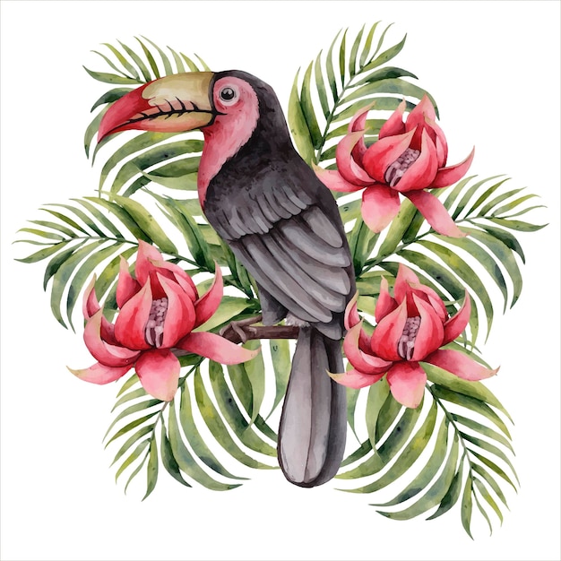Handgezeichnetes aquarell tropische clipart tropischer tukan-vogel mit blumen botanische illustration