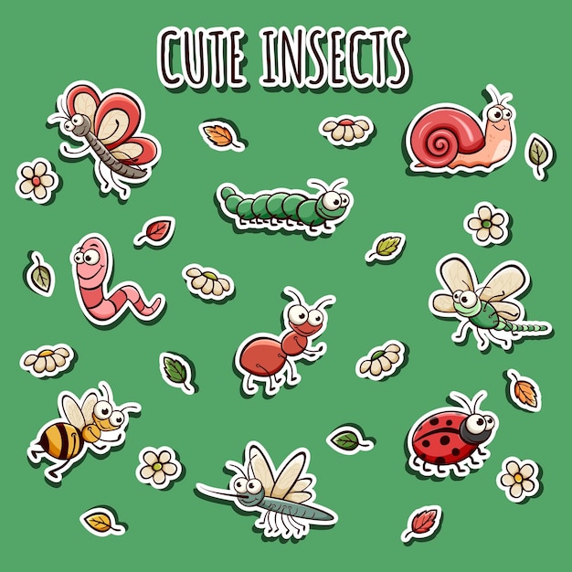 Vektor handgezeichnetes aufkleber-set mit süßen insekten im doodle-sketch-stil