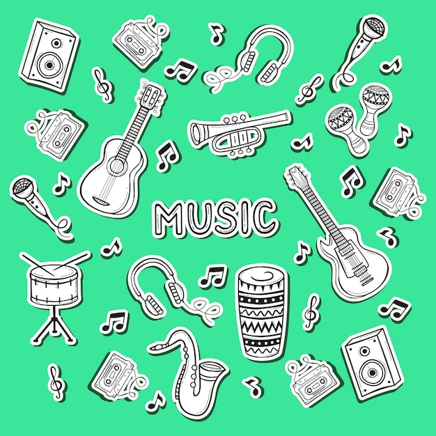 Handgezeichnetes aufkleber-set von musikinstrumenten im doodle-sketch-stil