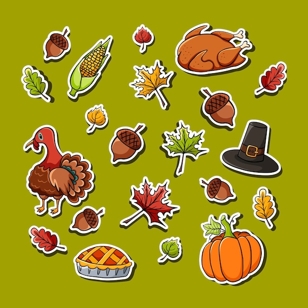 Handgezeichnetes aufkleber-set von thanksgiving day-sachen im doodle-stil