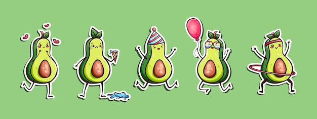 Vektor handgezeichnetes aufkleberset aus süßen kawaii avocados im doodle-stil. süße avocado-aufkleber, symbole, maskottchen