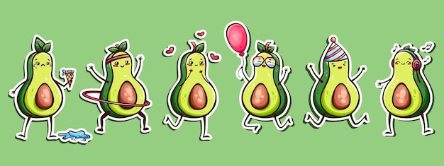 Vektor handgezeichnetes aufkleberset aus süßen kawaii avocados im doodle-stil. süße avocado-aufkleber, symbole