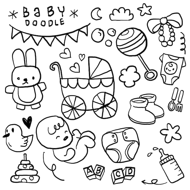 Handgezeichnetes Baby-Doodles und Zubehör SetxA