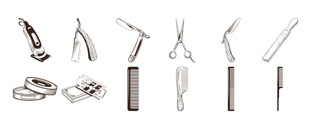 Handgezeichnetes Barber-Werkzeug-Ikonensatz