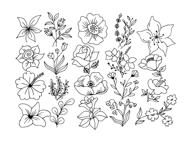 Handgezeichnetes Blumen-Doodle-Ikonensatz, das sich auf Blumen, Botanik oder Laub bezieht