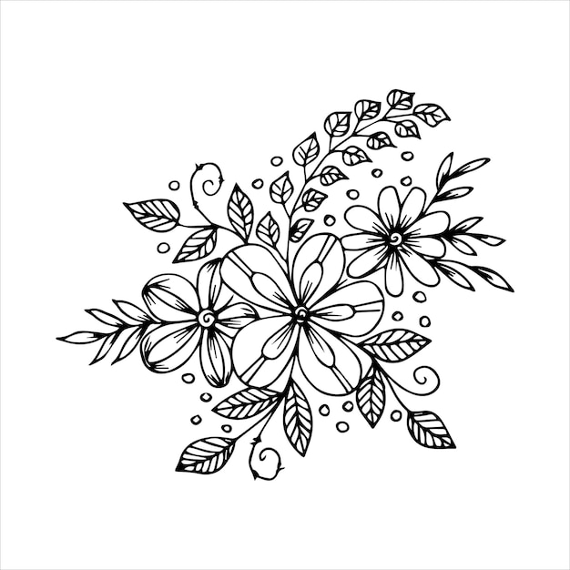 Handgezeichnetes Blumenstrauß-Arrangement in schwarz-weißer Farbe Doodle oder Skizzenstil Vektor Postkarte Einladung Poster Grußkarte Malbuch Seite