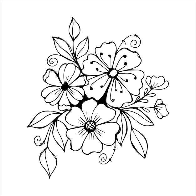 Handgezeichnetes Blumenstrauß-Arrangement in schwarz-weißer Farbe, Doodle- oder Skizzenstil