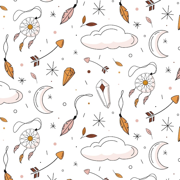 Handgezeichnetes Boho-Muster mit Wolken
