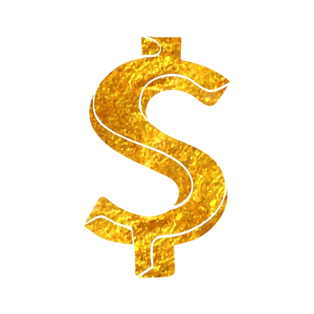 Vektor handgezeichnetes dollarzeichen-symbol in goldfolien-textur-vektorillustration