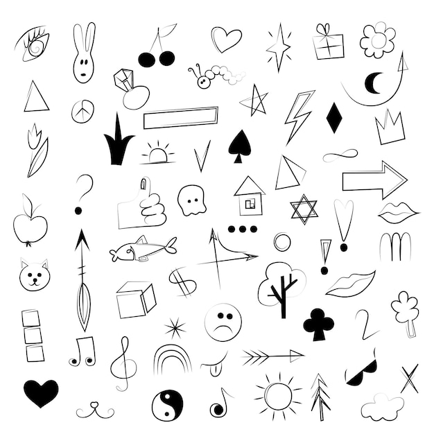 Handgezeichnetes Doodle-Ikonenset mit Schwarz-Weiß-Clip-Art für kreative Designs