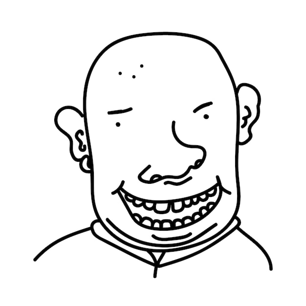 Handgezeichnetes doodle-porträt eines glatzköpfigen mannes mit ohrring. karikaturavatar mit person mit großer nase