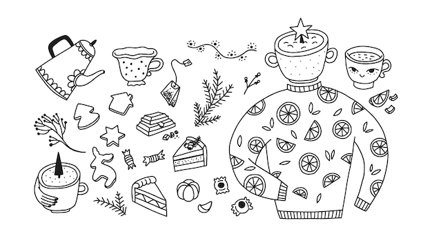 Vektor handgezeichnetes doodle-süßwarenset vektor-scribble-illustration von bechern, kuchen und verschiedenen backwaren