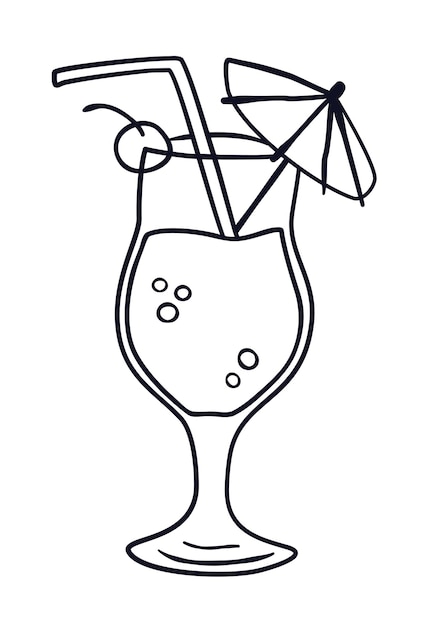 Vektor handgezeichnetes doodle-symbol eines tropischen cocktails mit strohkirschenblasen und einem regenschirm in einem glas