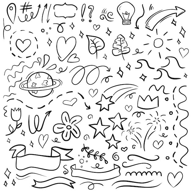 Vektor handgezeichnetes doodle-vektor-set dekorative doodles handgezeichneter zeigepfeil umrissformen und doodles