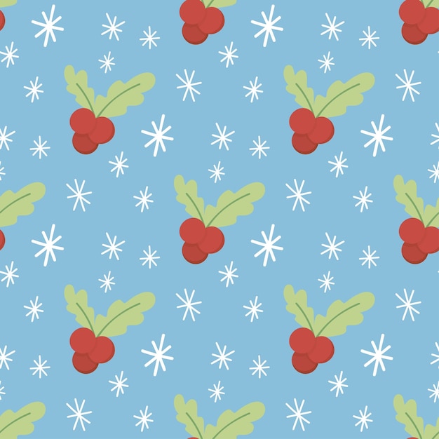 Handgezeichnetes, einfaches, nahtloses Muster mit Schneeflocken und Stechpalmen-Weihnachtsvektor für das Hintergrunddesign mit Papiergewebedruck