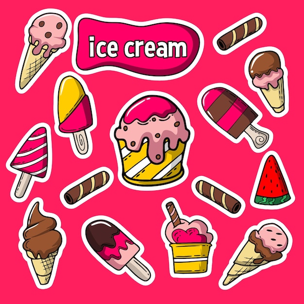 Handgezeichnetes Eiscreme-Aufkleber-Set