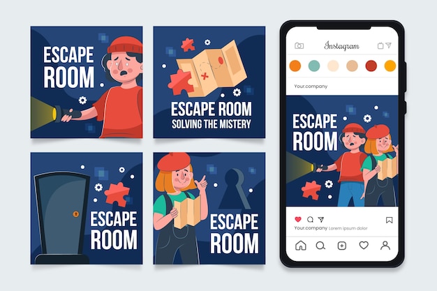 Vektor handgezeichnetes escape room instagram post set