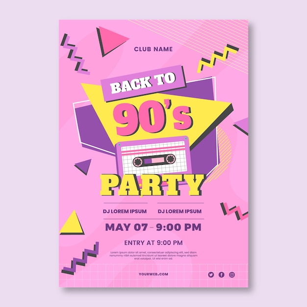 Handgezeichnetes flaches Design 90er Partyplakat