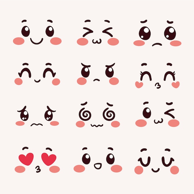 Handgezeichnetes flaches Design Kawaii Gesichtskollektion