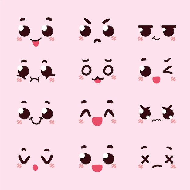 Handgezeichnetes flaches Design Kawaii Gesichtskollektion