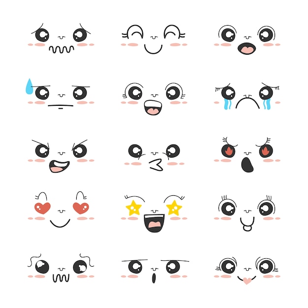 Handgezeichnetes flaches Design kawaii Gesichtskollektion