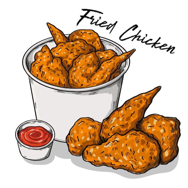 Handgezeichnetes gebratenes Hühnchen im Korb mit Tomatensauce-Illustration