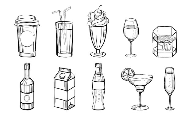 Vektor handgezeichnetes getränke-set alkoholische und nicht-alkoholische getrände kaffee saft cocktails soda milch monochrome vektorillustration auf weißem hintergrund