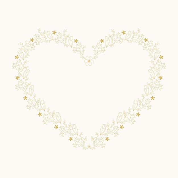 Handgezeichnetes goldfarbenes Herz, Blütenzweig, botanischer Rahmen für ein Monogram, Hochzeitslogo, Einladung