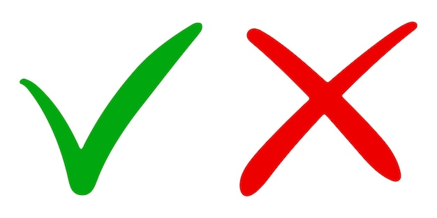 Handgezeichnetes grünes häkchen und rotes kreuz isoliert rechts- und falsches symbol vektorillustration